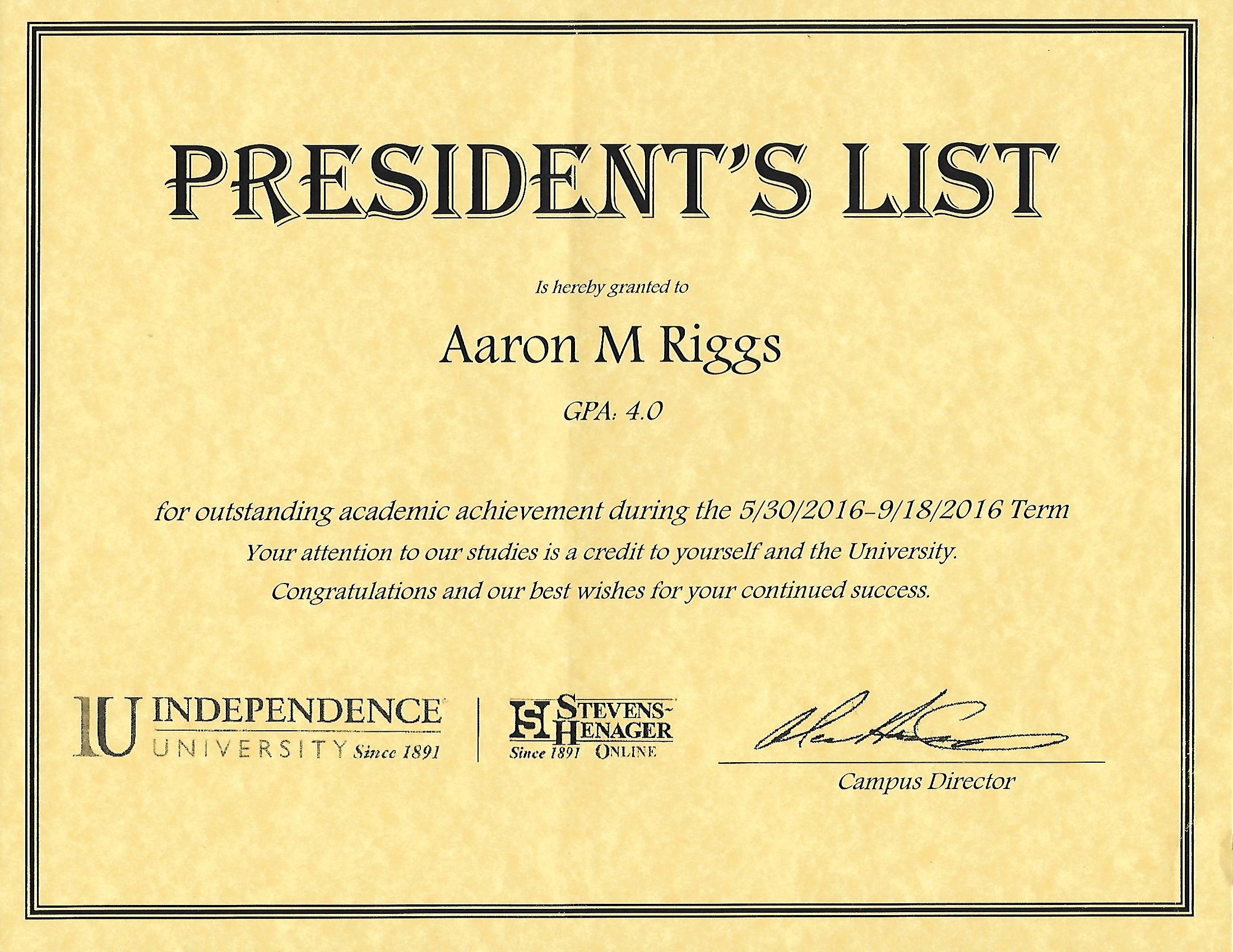 Presidents List Award